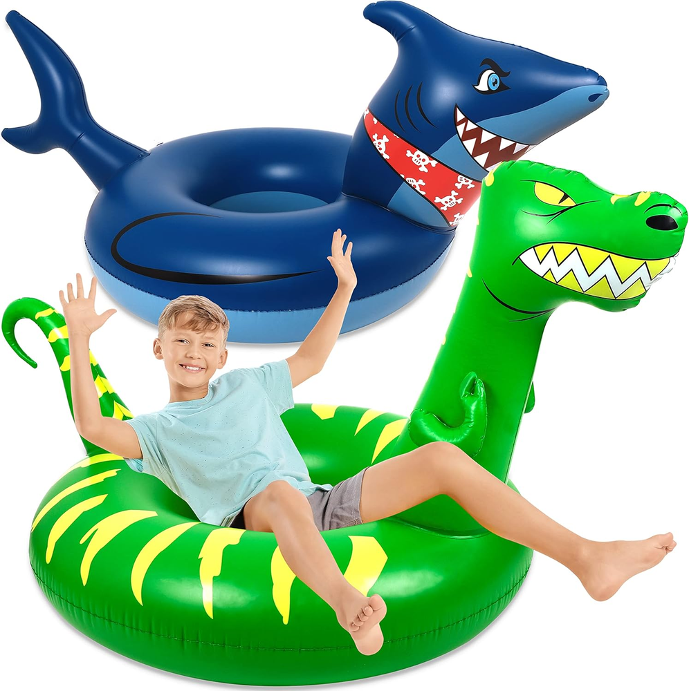 2-Pack Inflatable Dinosaur & Shark Pool Floats for Kids and Adults