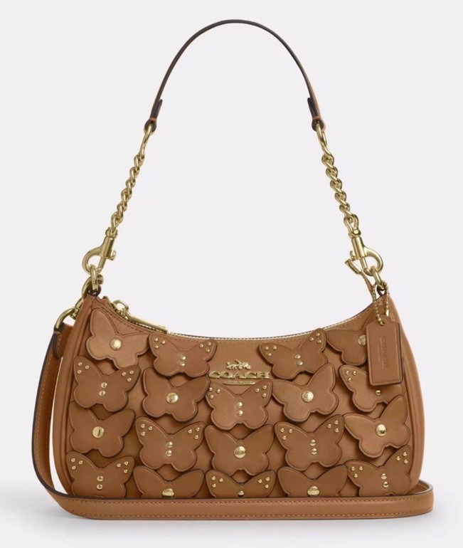 COACH CAJ97 Teri Shoulder Bag Butterfly Applique BOHO Leather Brown Purse