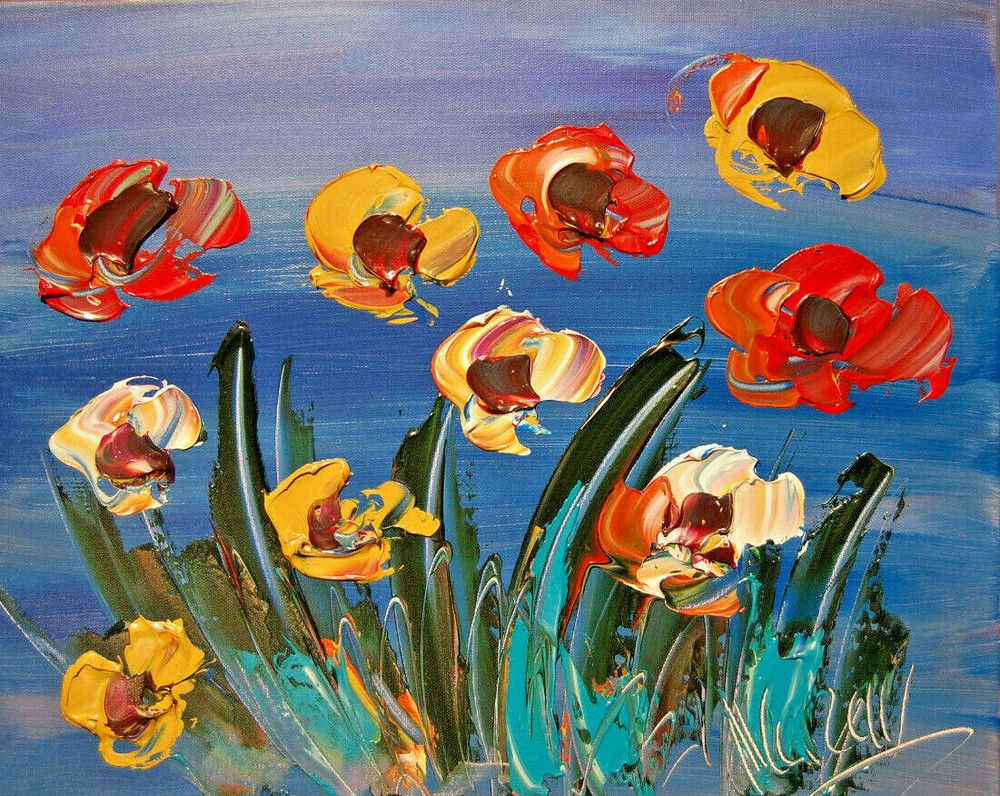 FLOWERS SKY   BY  MARK KAZAV - ORIGINAL OIL PAINTING ABSTRACT MODERN ART POPART