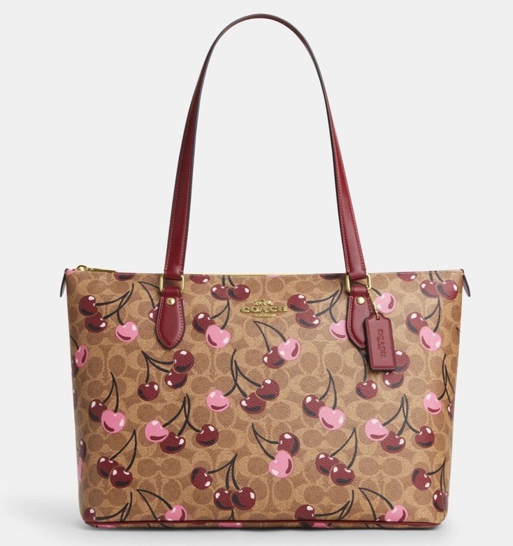 COACH Signature Cherry Print Brown Gallery Tote Bag with Zip Top NWT
