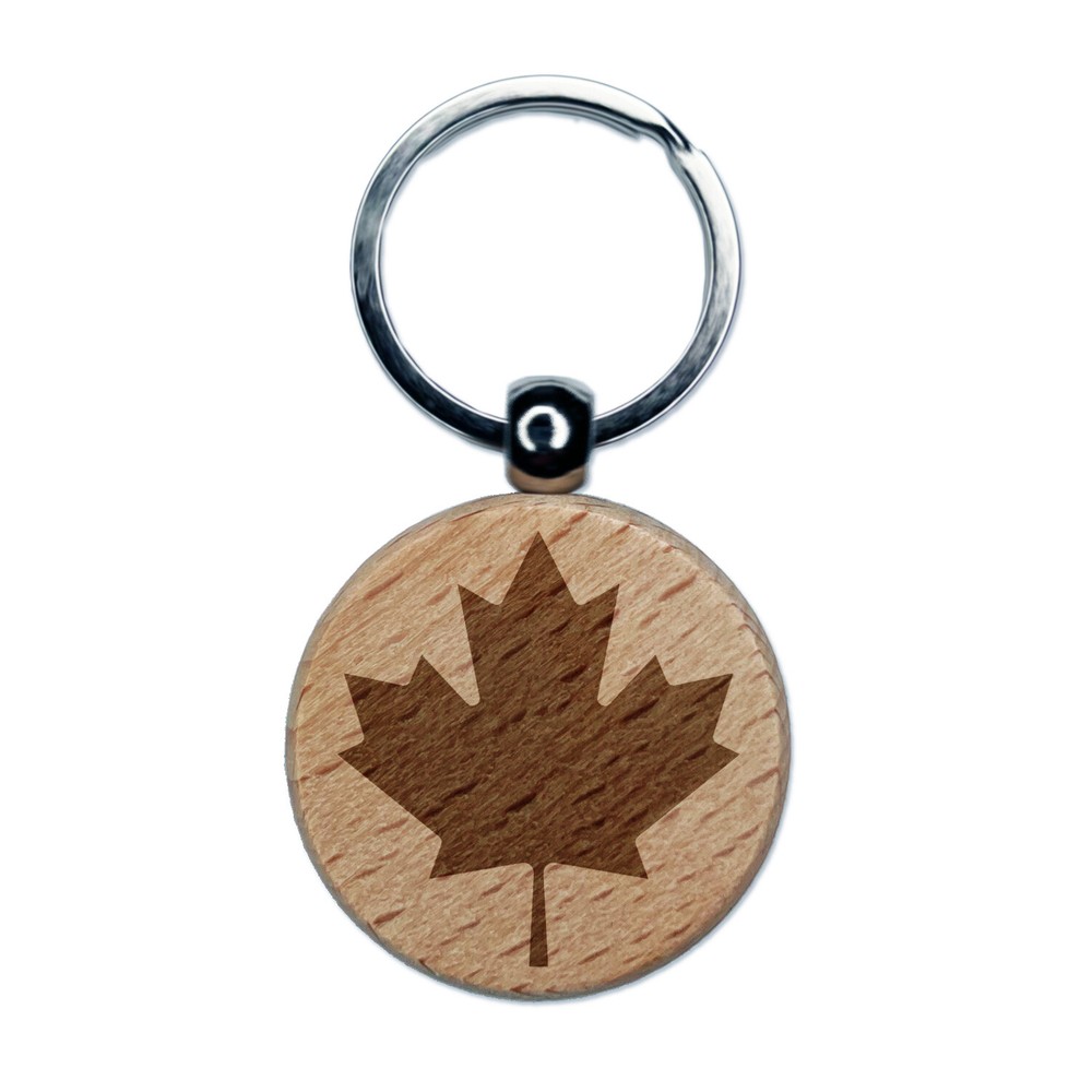 Canada Maple Leaf Engraved Wood Round Keychain Tag Charm