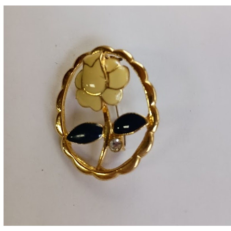 Vintage Cream Floral Brooch with Navy Leaves Gold-Tone Faux Diamond Accent