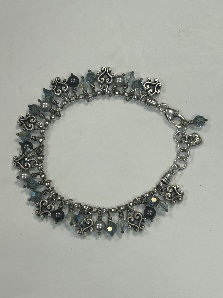 Brighton Charm Bracelet with Cannes Topaz Blue Crystals and Silver Scroll Heart