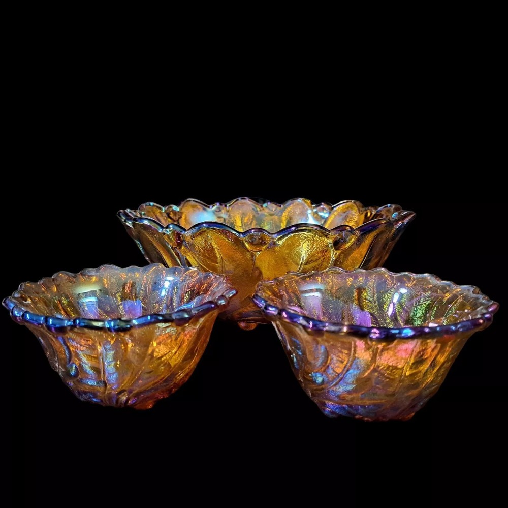 VTG Carnival Indiana Amber Glass Wild Rose 3 Pc Set 9