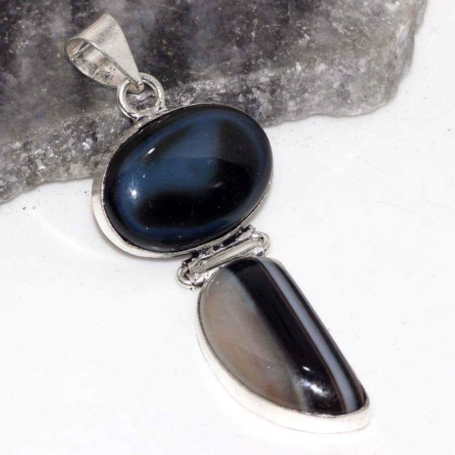 Banded Black Onyx 925 Silver Plated 2.5