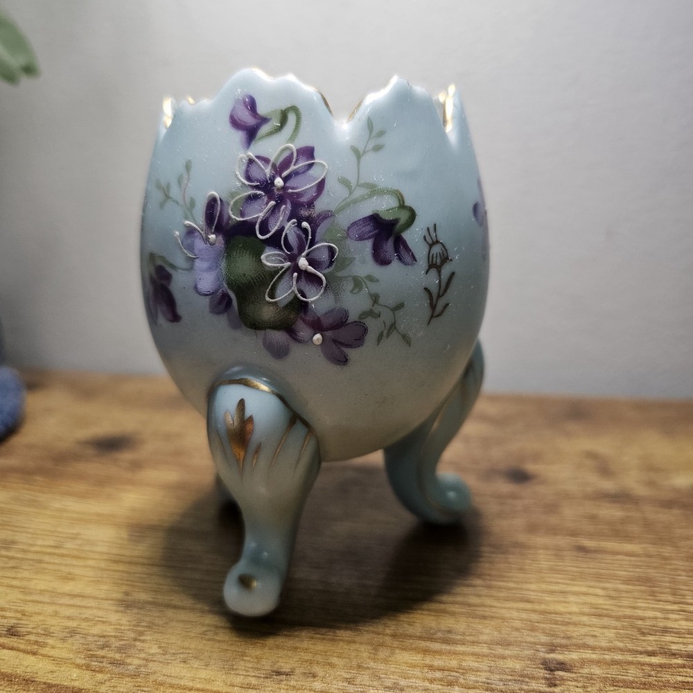 Vintage Blue Egg Footed Vase with Purple Floral Gold Trim Retro Design