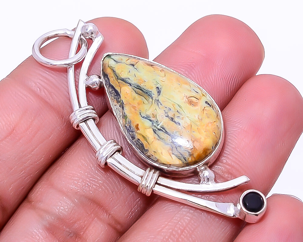 Chrome Chalcedony Black Onyx 925 Sterling Silver Pendant 2.03 Inch P_9382_154_47