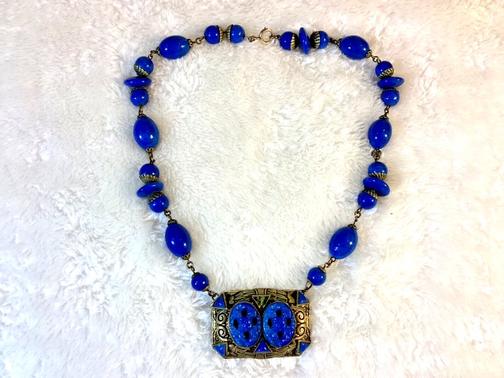 Vtg Jewelry Blue Choker Necklace Victorian Chain Christmas Sale GiftBag Ends8.31-image