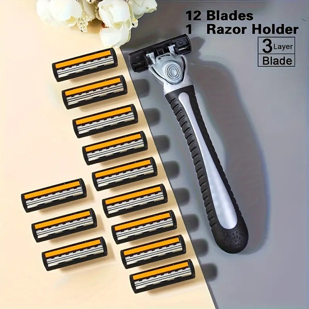 12-24 Pack Mens Stainless Steel Razor Blade Shaving Triple Blades Handle Set