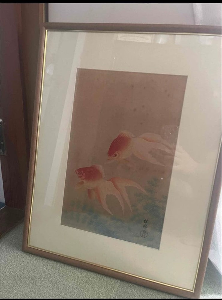 Y0118 Mitori Ohara Japan Region woodblock print of two goldfish Kangyō c.1930s