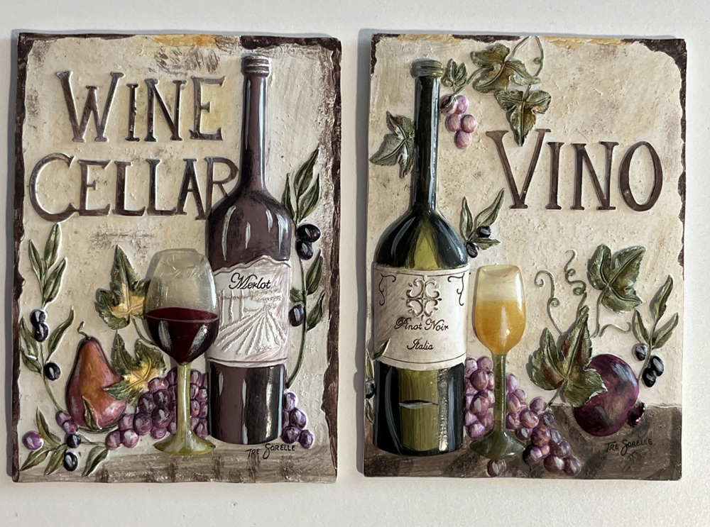 2pc 3D Rustic Wine Cellar Wall Plaques 6.25H x 3.5W for Vino Decor