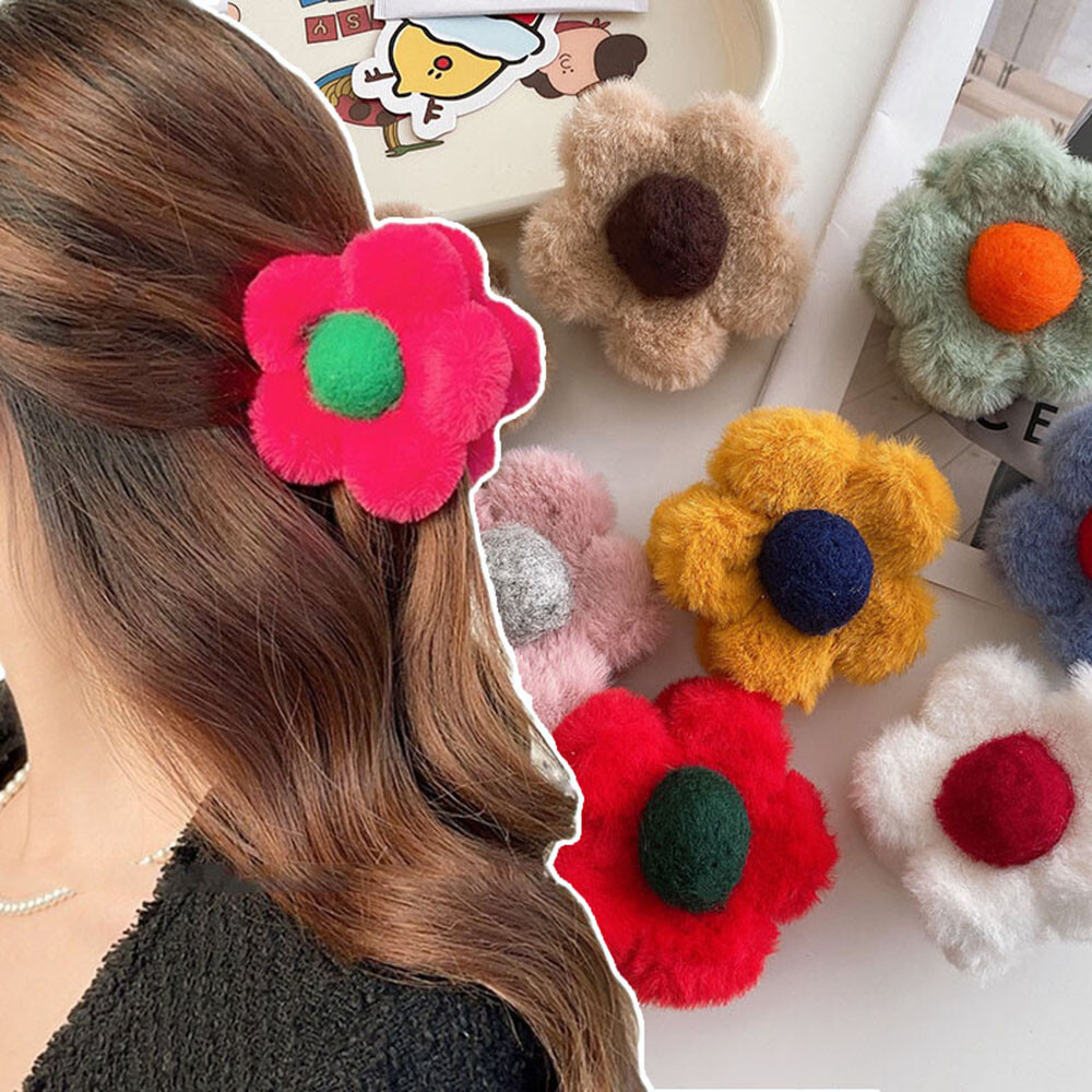 Plush Flower Hair Claw DIY Faux Fur Hair Shark Clip Fluffy Hair Accessories ⊱