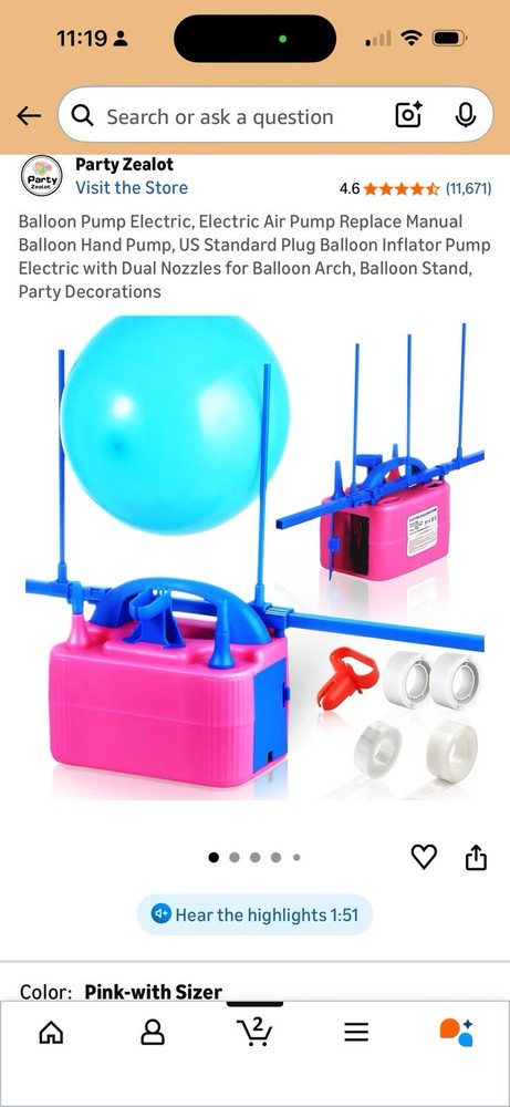 Party Zealot Electric Balloon Pump Pink Blue Dual Nozzles Balloon Sizer US Plug