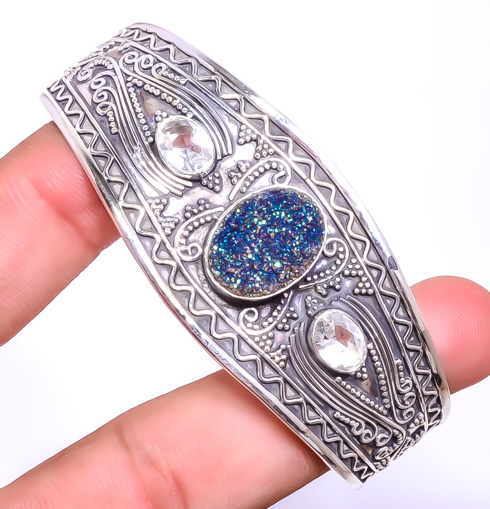 Titanium Blue Agate Drusy & White Topaz 925 Sterling Silver Cuff Adst. T13 A396