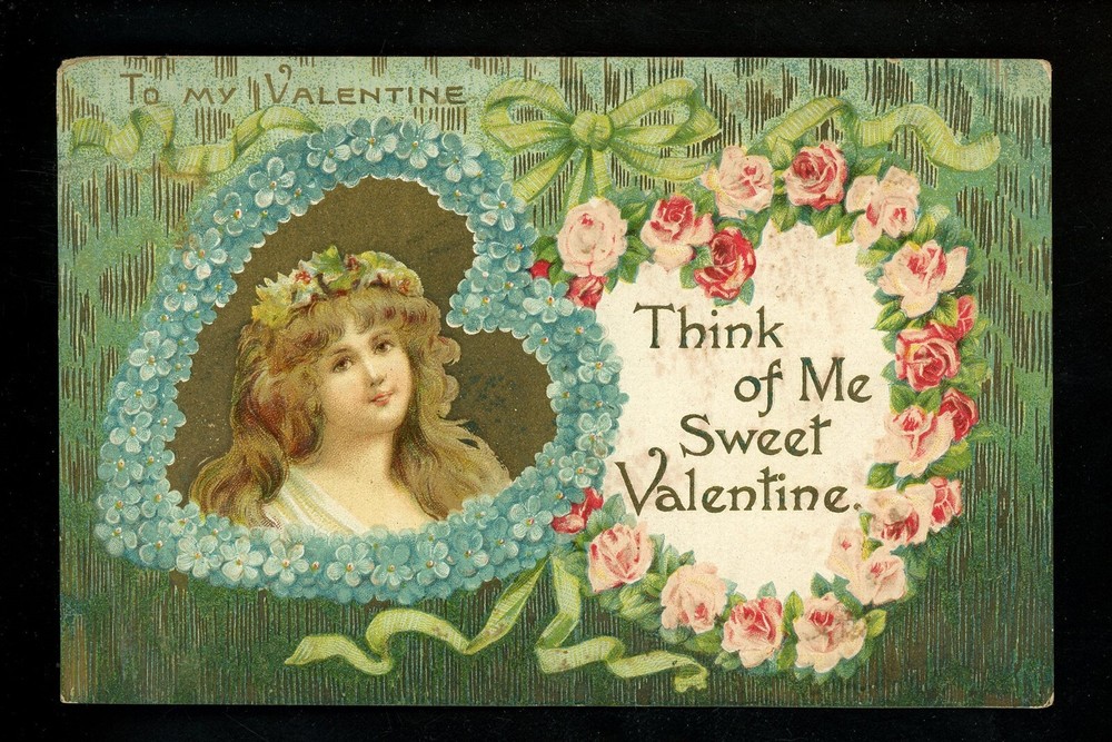 Valentine's Day Greetings postcard woman flowers gold trim embossed Vintage