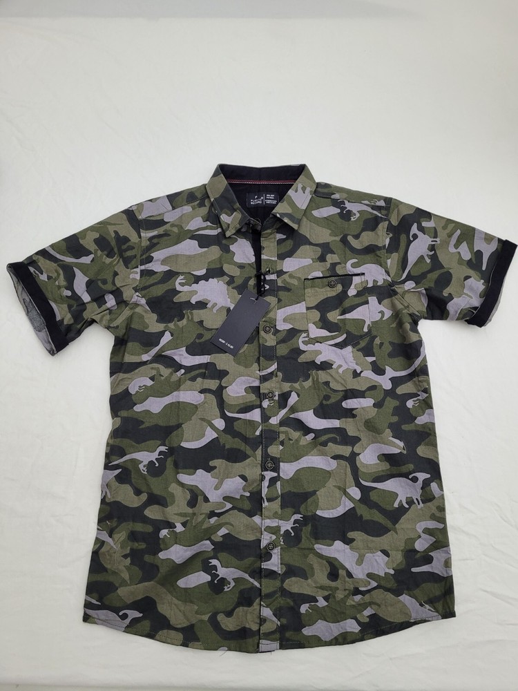 Public Record Shirt Boys Dinosaur Print Performance Button Up 14/16 Short Sleeve