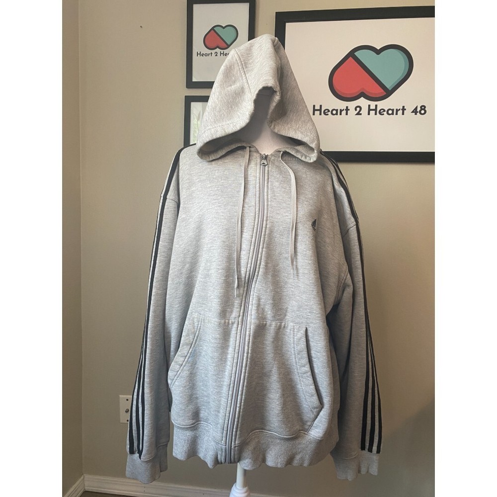 Vintage Adidas Hoodie Full Zip Men's XL Gray Soft Fleece Blk 3 Stripes Athletic