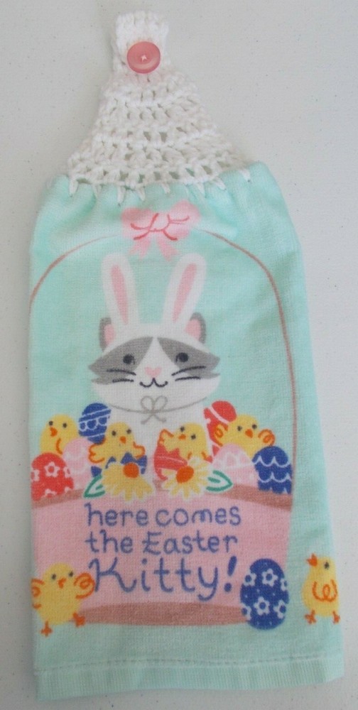 Crochet Top HERE COMES  EASTER KITTY Print Kitchen Cotton Towel