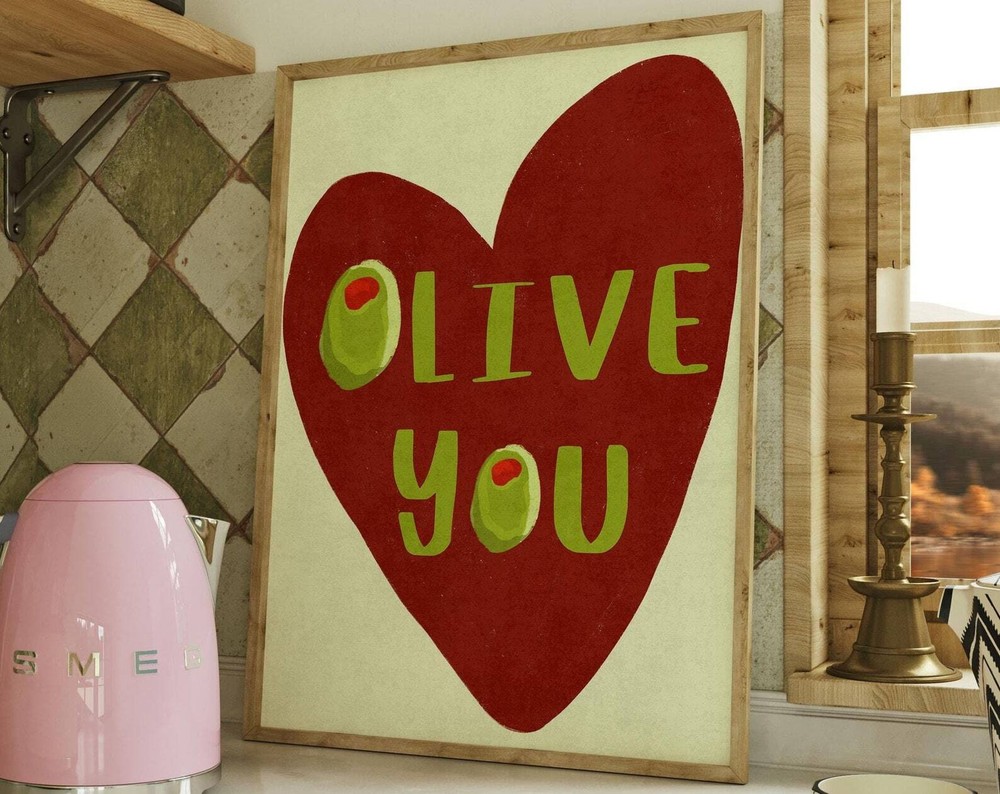 I Love You Wall Print Heart Olive Print Maximalist Kitchen Olive You Art Print