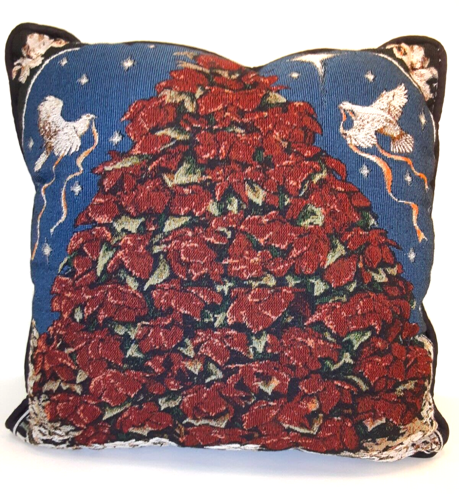 Vintage Christmas Tapestry Poinsettia Doves Ribbon Throw Pillow