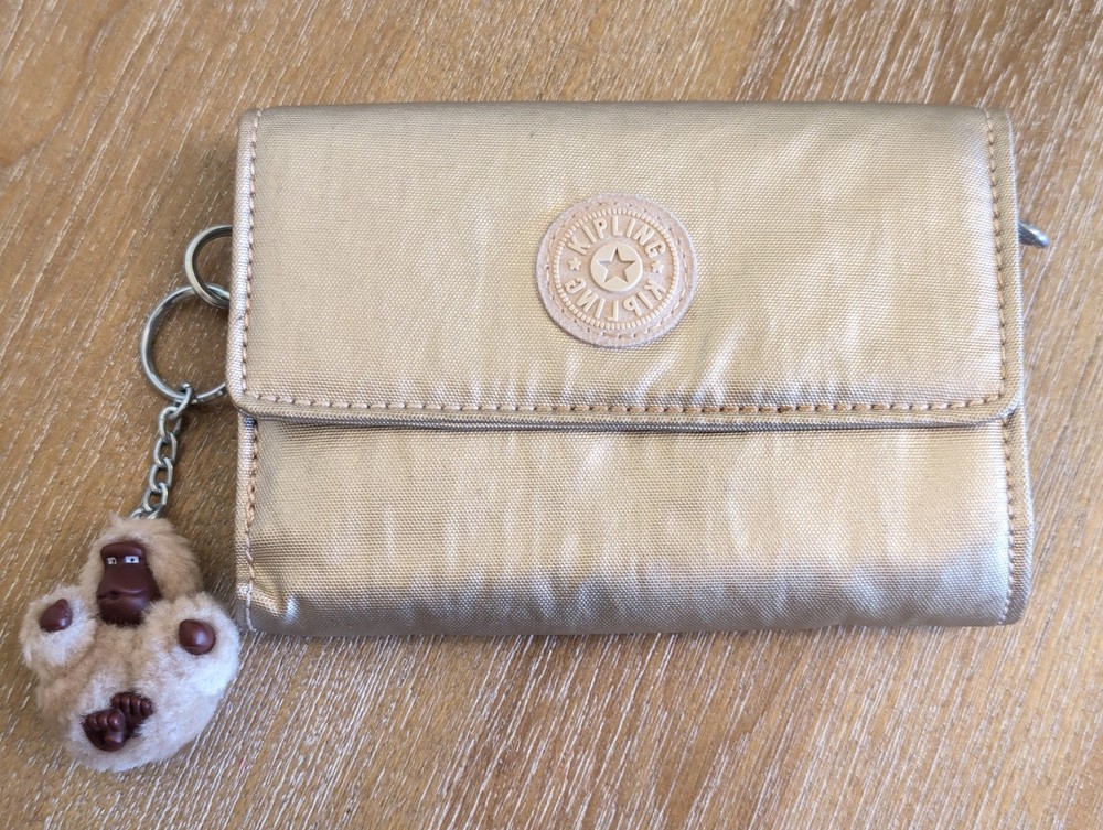 Kipling PIXI Medium Trifold Wallet Organizer Gold Metallic Nylon with Keychain