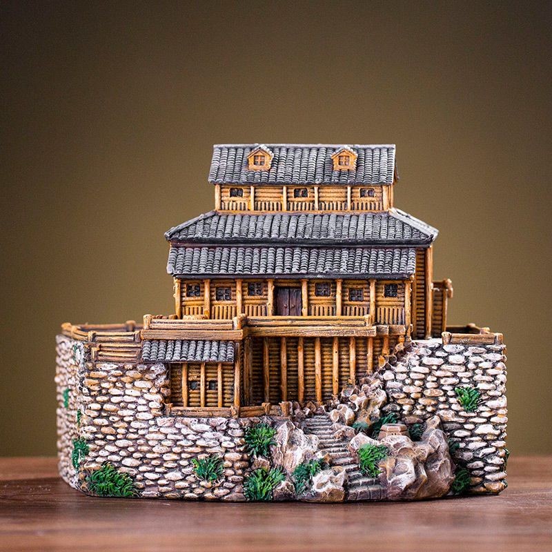 Chinese Style Stilted House Architecture Micro Landscape Retro Resin Figurine