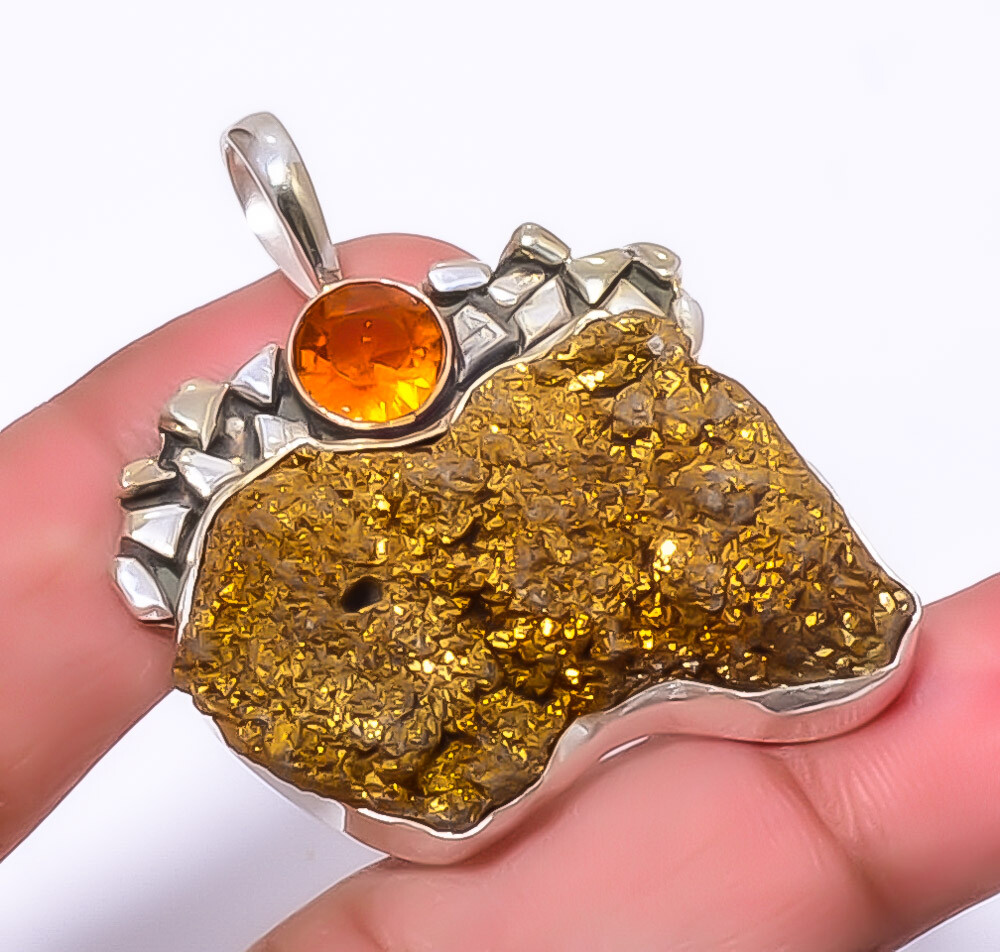 Titanium Golden Agate Drusy & Citrine 925 Sterling Silver Pendant 1.64