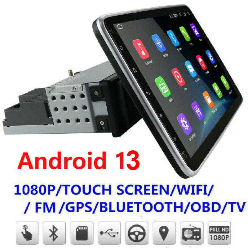 Single 1 DIN Rotatable 10.1'' Android 13 Touch Screen Car Stereo Radio GPS Wifi