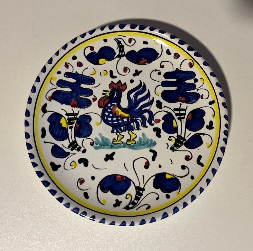 Lovely Blue Rooster Chicken W/ Yellow Accents Decorative Plate Italy Folk Art 6”