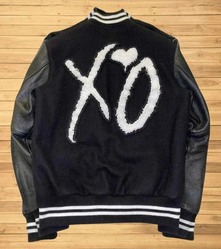 The Weeknd XO Jacket Bomber Black Wool Varsity Letterman Leather Sleeves Jacket