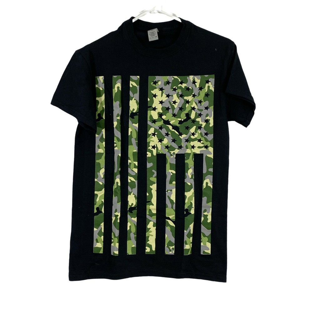 Gildan Mens Black Cotton Camouflage Short Sleeves Activewear T Shirt Size S
