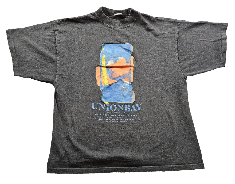 VINTAGE 90s Union Bay Black Graphic T-Shirt Made In USA Single-Stitch Size L/XL