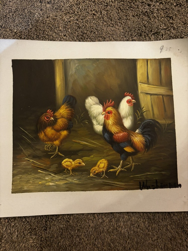 Chickens Baby Chicks Bird Real Oil Painting On Canvas Background 9”x11”
