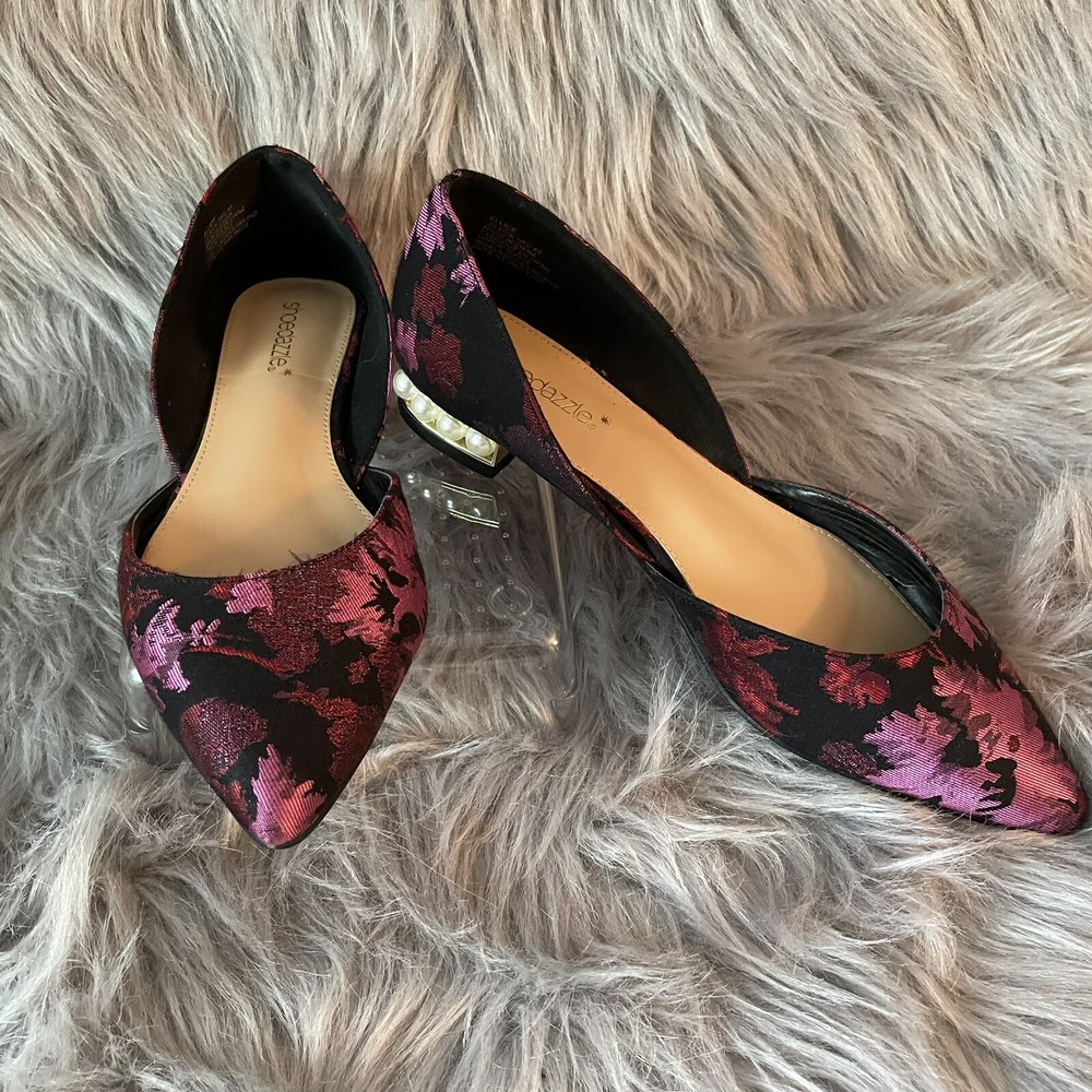 SHOE DAZZLE Ellice Black Pink Floral Brocade Dressy Flat Pearl Accents Sz 9