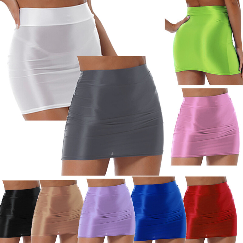 Women Glossy Nylon Pencil Skirt Elastic Waist Sheer Mini Hip Skirt