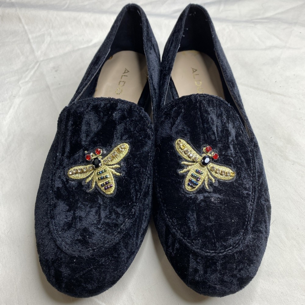 Aldo Black Velvet Embroidered Bee Slip On Loafers Women Size 6 CC