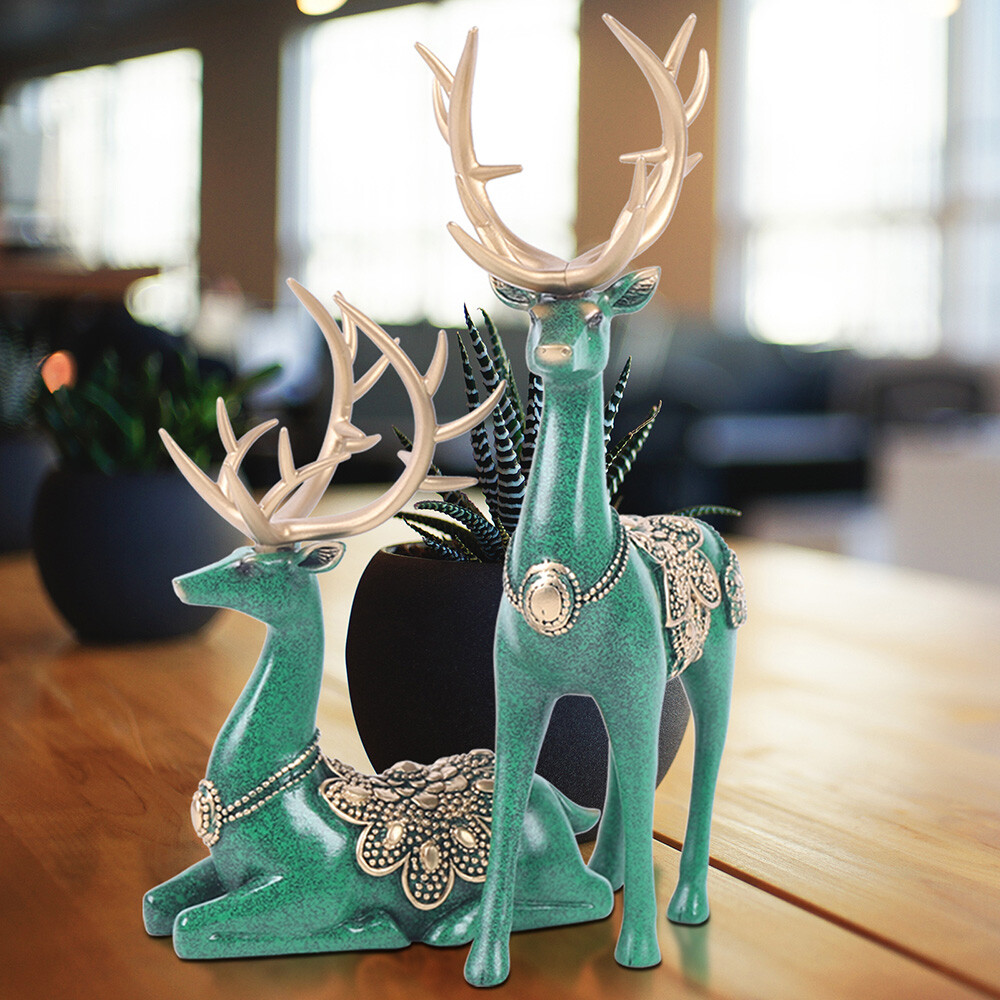 Home Tabletop Lucky Deer Statue Figurine Reindeer Decoration Sculpture Green USA