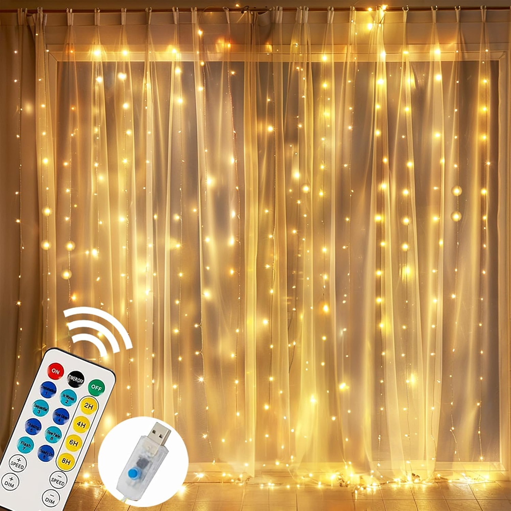 FUNPENY Window Curtain String Lights, 300 LED 8 Lighting Modes Fairy Lights USB