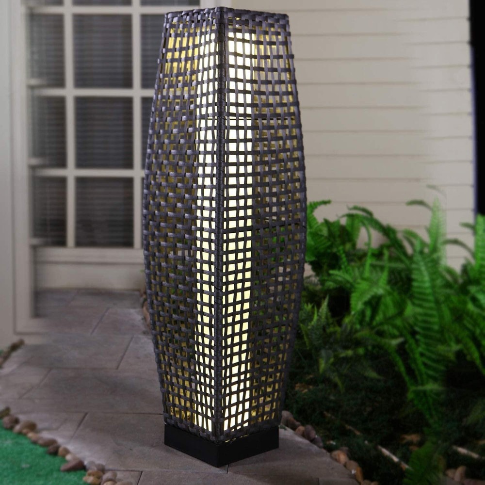 Outdoor Solar-Powered Woven Resin Wicker Floor Lamp for