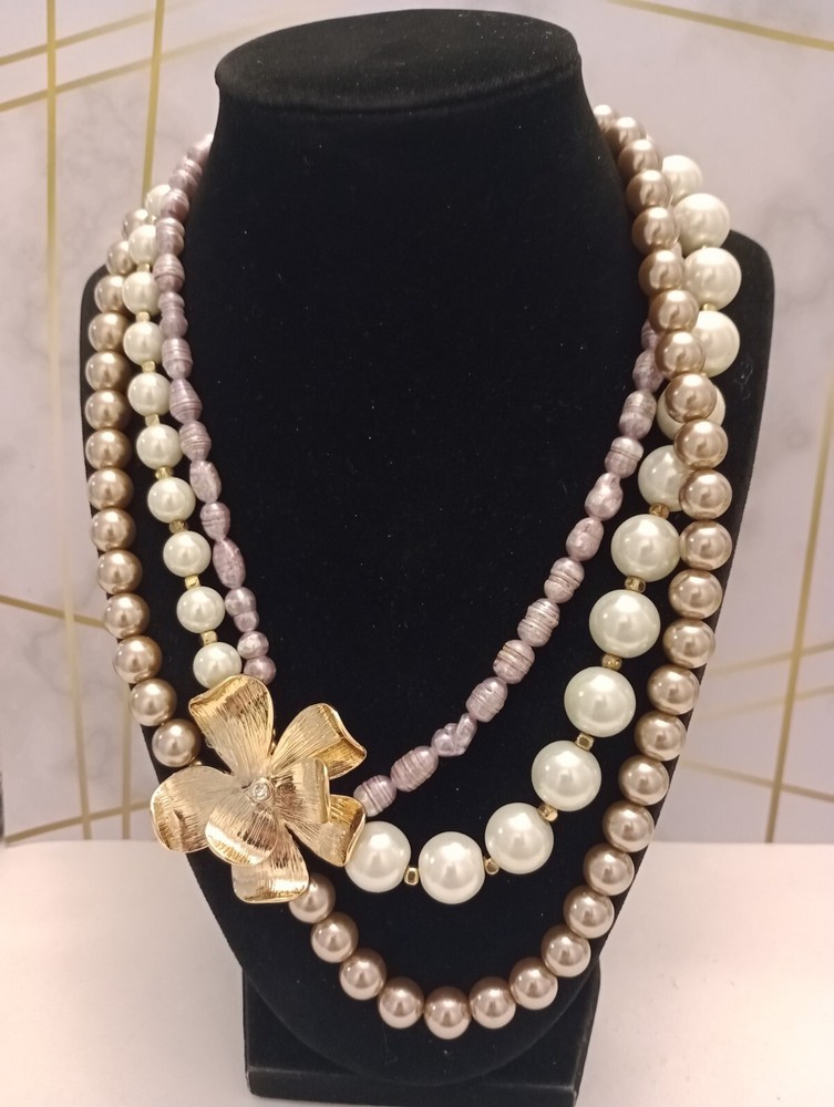 White House Black Market Triple Strand Faux Pearl Necklace WHBM Metal Flower