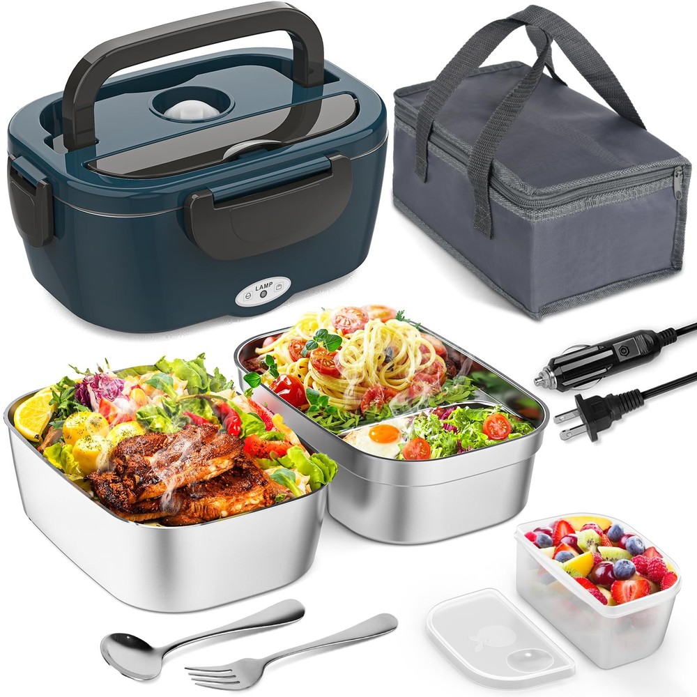 Portable Electric Heated Lunch Box with Dual Stainless Steel Containers for Adults