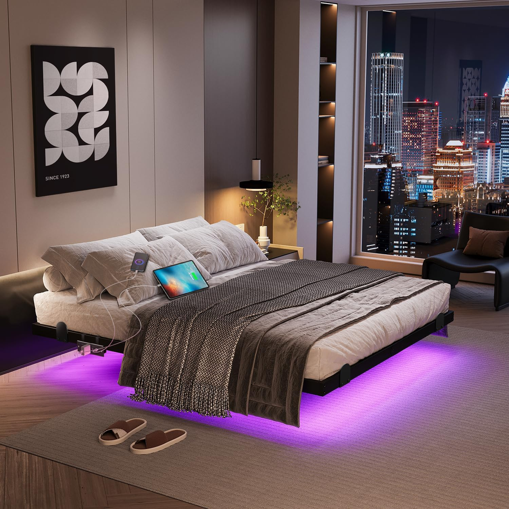 Floating Bed Frame with LED Lights and Charging Station 14 Inch King Size Floati
