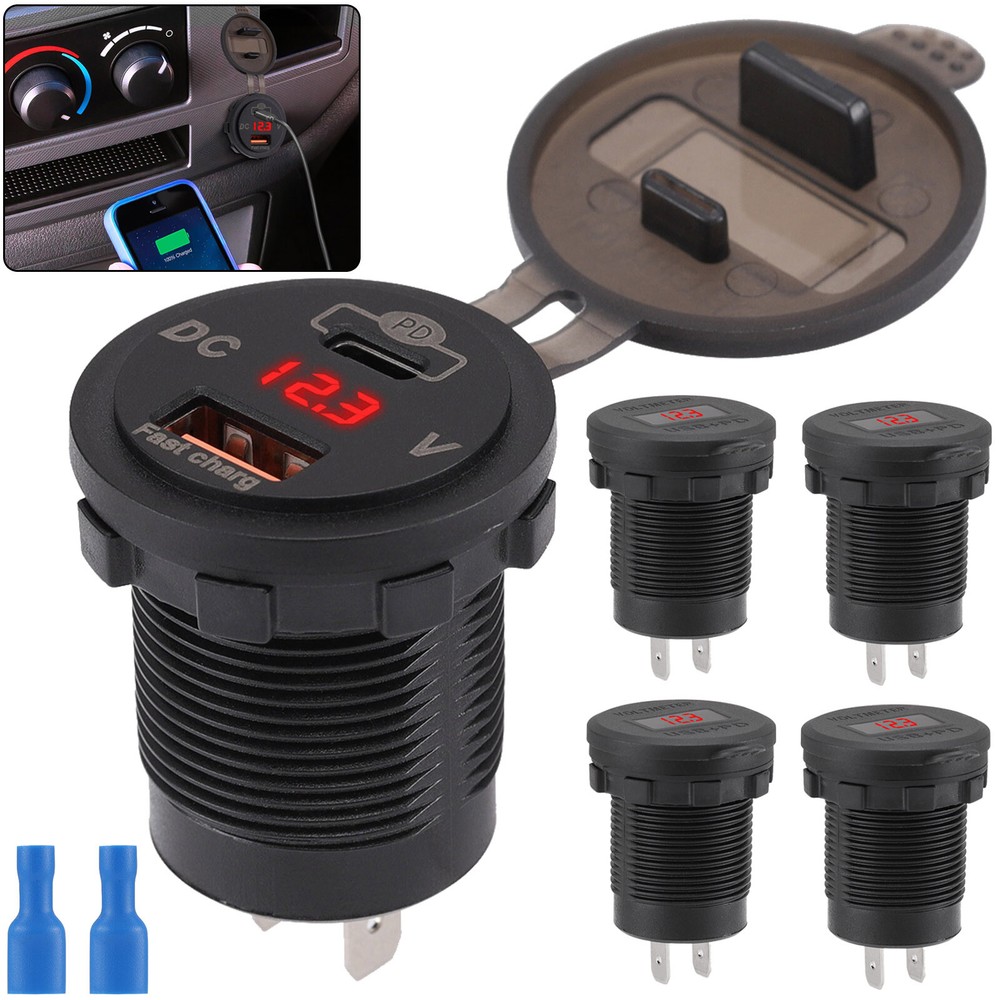 1-5PCS USB QC3.0 PD 12-24V Car Charger Socket with Built-in Voltmeter