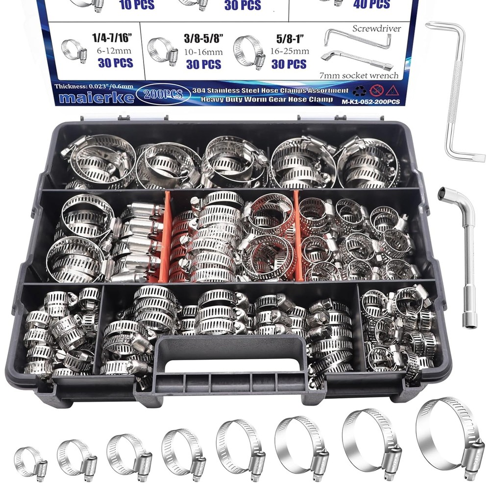 200PCS Stainless Steel Hose Clamps Assortment Kit,Metal 1/4