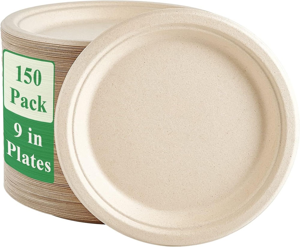 Vplus 150 Pack 9 Inch Compostable Paper Plates Large Natural Disposable Plates