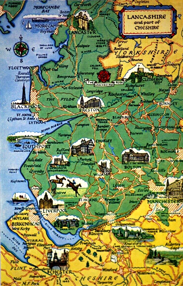 Postcard Comic Map Lancashire Cheshire England Chester Preston M. F. Peck Salmon