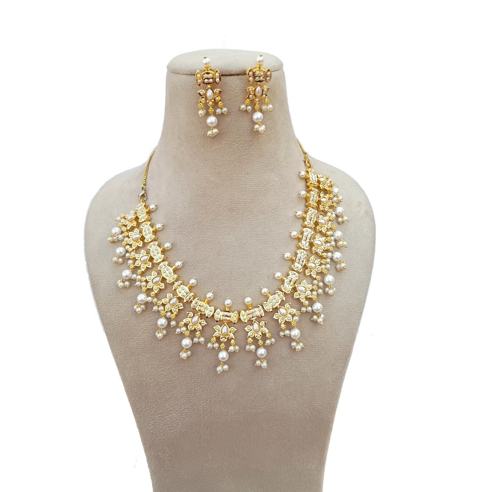 Gold Pearl Necklace Earring Set Indian Traditional Bridal Wedding Jewelry