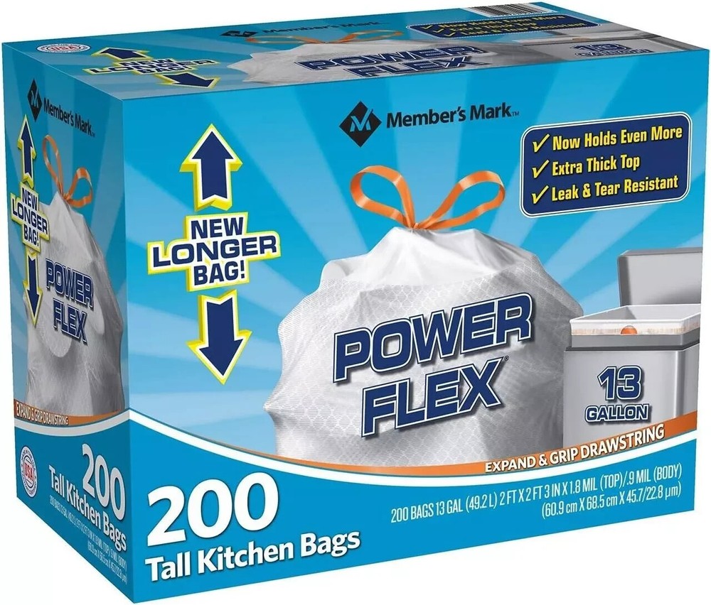 Member's Mark Power Flex Tall Kitchen Drawstring Bags, 200 Count