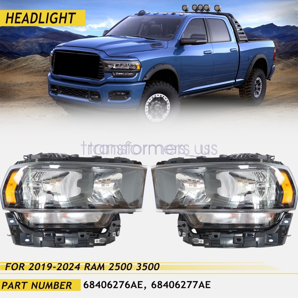 w/Bulb Halogen Headlights Black Bezel For 2019-2024 Ram 2500 3500 Left & Right