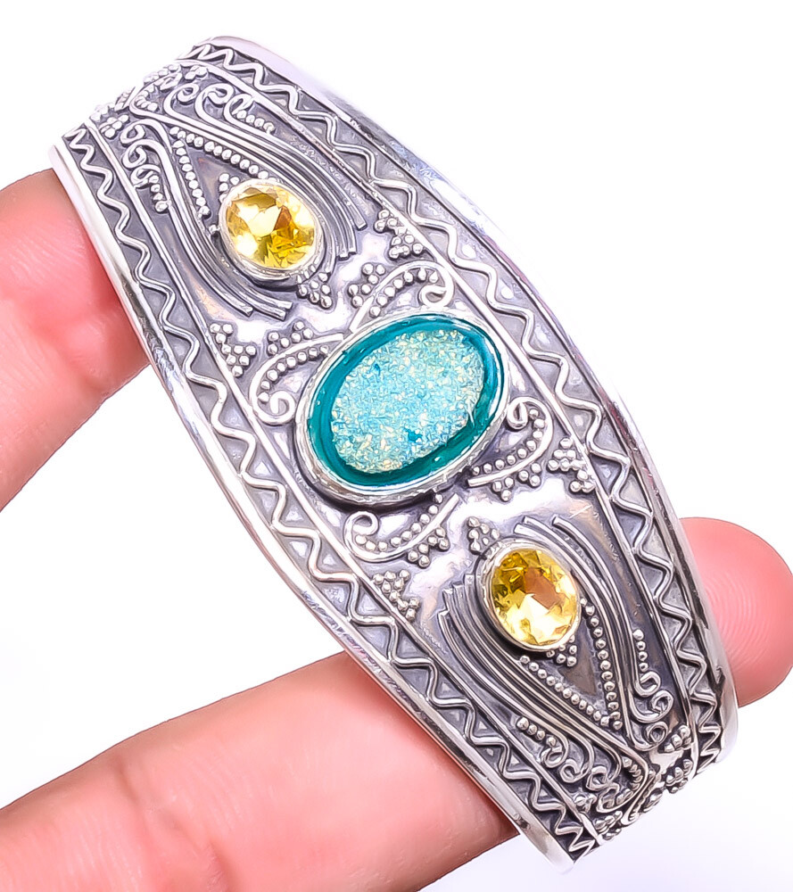 Titanium Peacock Agate Drusy & Citrine 925 Sterling Silver Cuff Adst. T61 A361